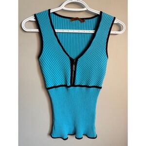 Belldini Ribbed Knit V-Neck Sleeveless Top S Rhinestone Zip Y2K Turquoise Boho
